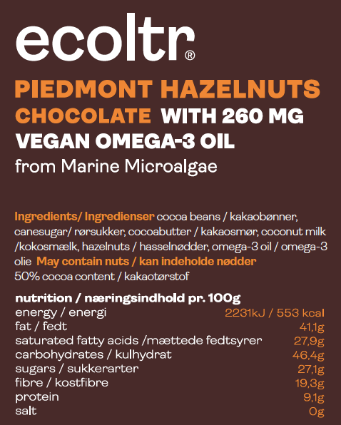 Chocolate with Hazelnuts Piedmont and Pure Vegan Omega-3 Oil (30 pieces with a daily dose in each box)