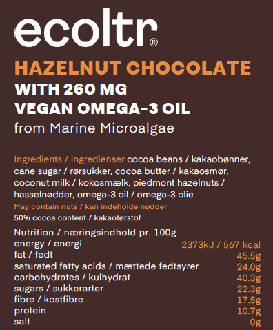 3. Chocolate with Hazelnuts Piedmont and Pure Vegan Omega-3 Oil (30 pieces with a daily dose in each box)