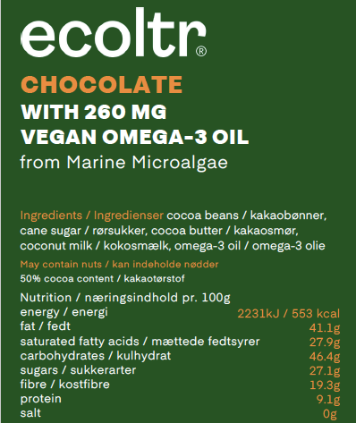 1. Chocolate with Pure Vegan Omega-3 Oil (30 pieces with a daily dose in each box)