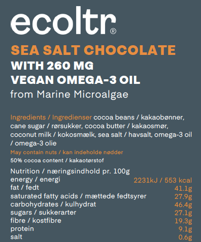 2. Chocolate with Sea Salt and Pure Vegan Omega-3 Oil (30 pieces with a daily dose in each box)