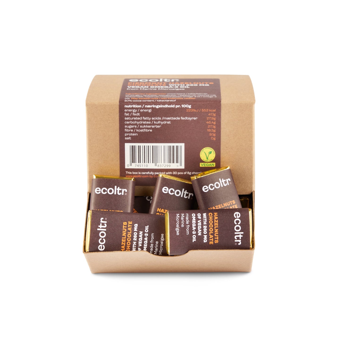 Chocolate with Hazelnuts Piedmont and Pure Vegan Omega-3 Oil (30 pieces with a daily dose in each box)